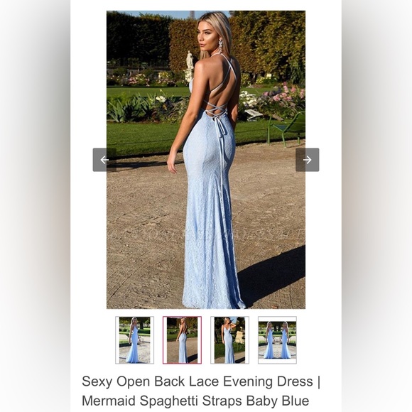 Open back lane evening prom dress mermaid style spaghetti straps baby blue - Picture 2 of 6